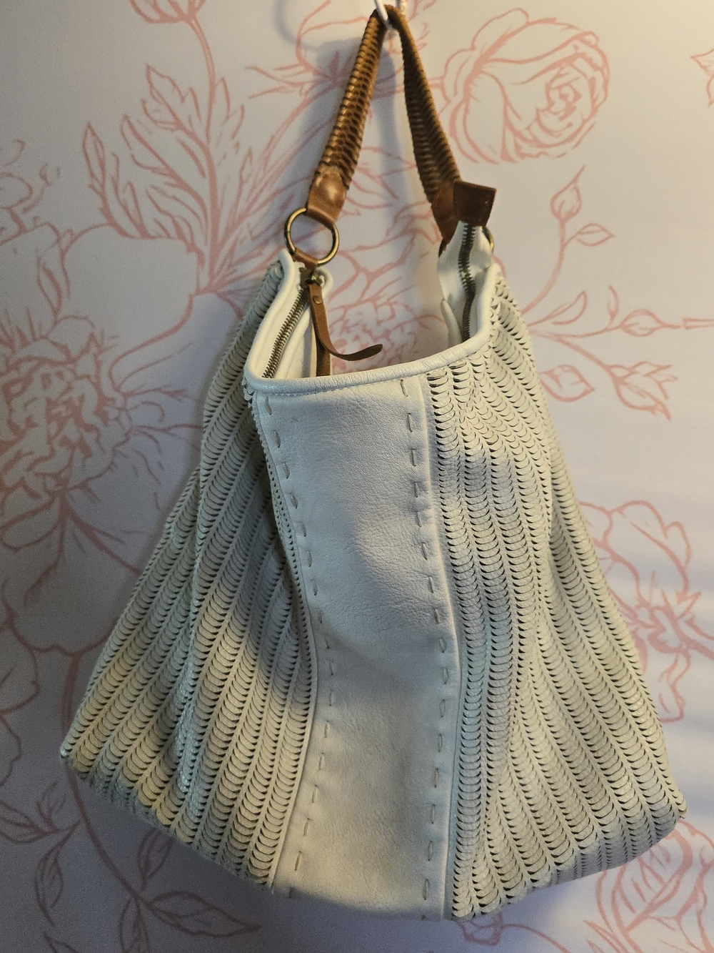 Free People Large Cream Vegan Leather Shoulder Bag with Crossbody Strap